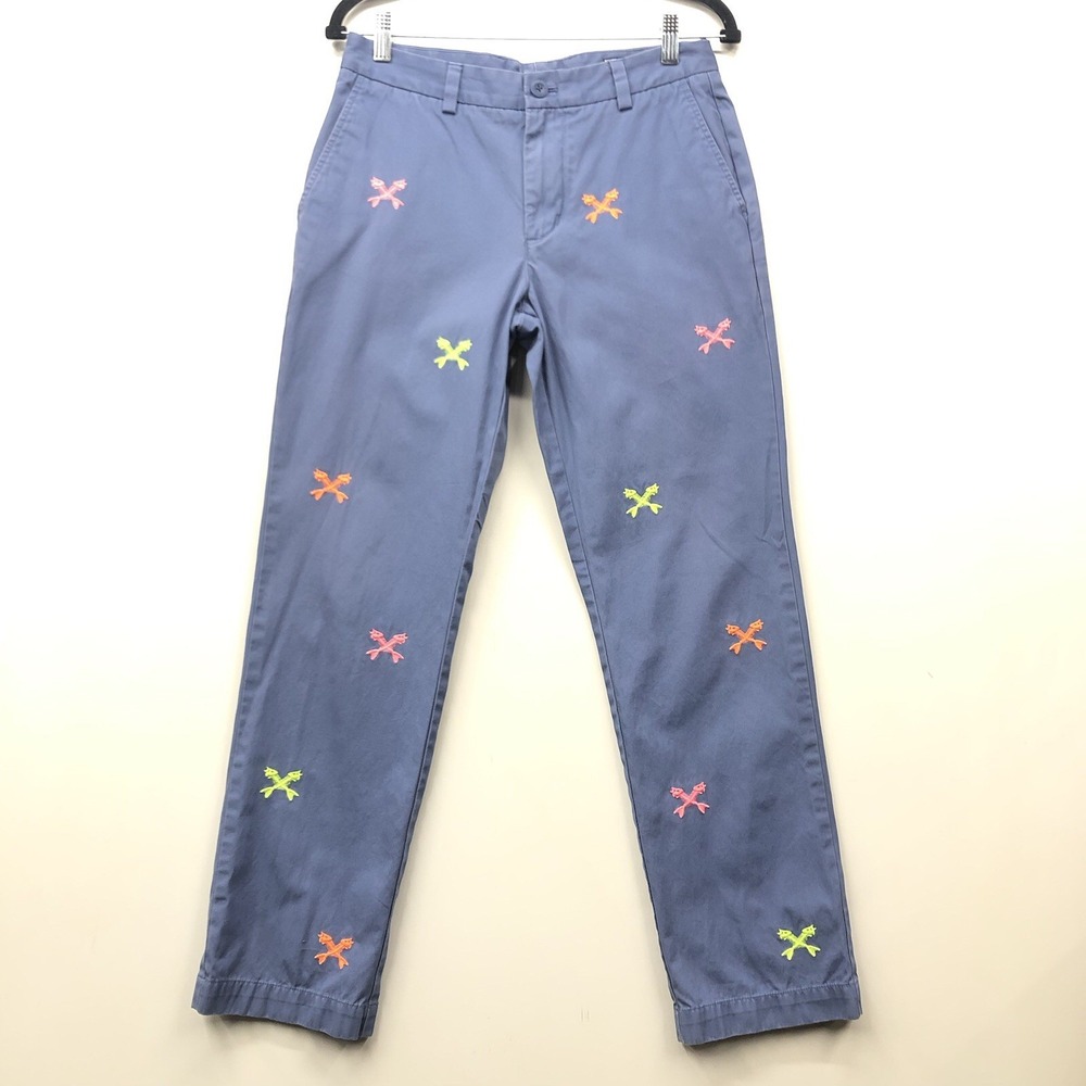 Vineyard Vines Slim Fit Breaker Pant 30X30 Blue Fish Bone Embroidered All Over